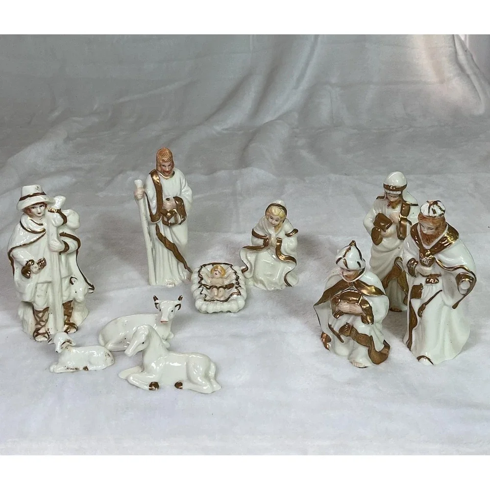 VTG White Gold Porcelain Nativity Set 10 Piece Christmas Manger Holy Family see